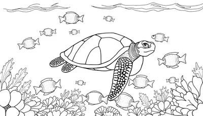 Dessin au trait d'une tortue marine nageant avec des poissons et des plantes aquatiques, un panneau coloré pour l'imagination.