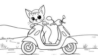Un chat mignon conduit un scooter, dans un style de dessin au trait en noir et blanc, parfait pour une page à colorier.