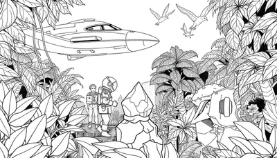 Astronaute et voyageur explorant une planète extraterrestre luxuriante avec une cascade et un vaisseau spatial, un coloriage color panel.