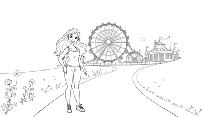 Color panel drawing of a girl at a funfair.