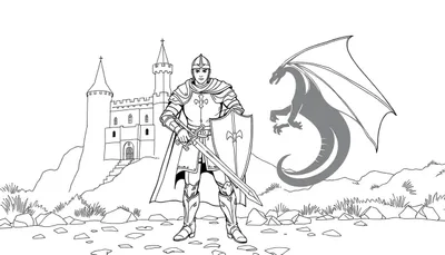 Chevalier courageux face à un dragon devant un château, prêt pour une aventure à colorier.