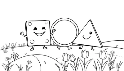 Dessin au trait d'un carré, d'un cercle et d'un triangle anthropomorphes souriants marchant ensemble dans un paysage printanier.