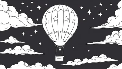 Montgolfière décorée d'étoiles flottant dans un ciel étoilé avec des nuages, style dessin pour un panneau de coloriage.