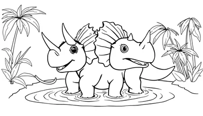 Dessin au trait d'adorables jumeaux Tricératops jouant dans l'eau tropicale, style color panel pour enfants.