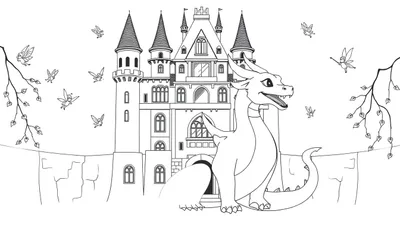 Dessin au trait d'un dragon souriant devant un château de conte de fées avec des fées volantes, prêt pour le color panel.