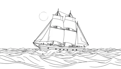 Un voilier noir et blanc dessiné à la main navigue sur des vagues sous un ciel avec un cercle.