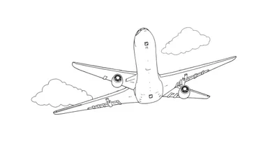Un avion de ligne en noir et blanc vu d'en bas, avec des nuages autour. Panneau de coloriage.