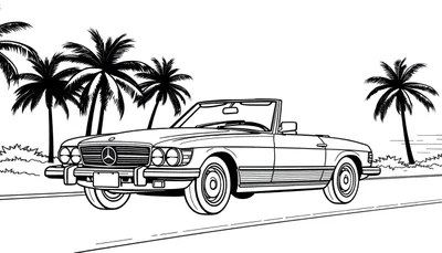 Voiture Mercedes-Benz SL décapotable classique en noir et blanc, près de la mer avec des palmiers.