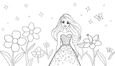 Dessin en noir et blanc de Barbie dans un jardin fleuri sous un ciel étoilé, un color panel.
