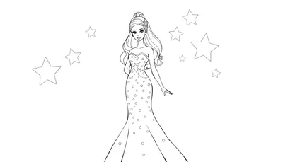 Dessin au trait d'une Barbie souriante, en robe de soirée ornée de petits cercles et étoiles, avec les cheveux relevés en chignon. Des étoiles de différentes tailles flottent autour d'elle sur un fond blanc, typique d'un color panel.