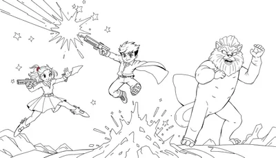 Illustration en noir et blanc de style bande dessinée de trois personnages en pleine action, sautant avec des pistolets et un félin humanoïde prêt à frapper, entourés d'explosions et d'étoiles. Ce color panel dynamique capture un moment intense.