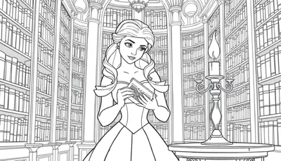 Color plate: Belle from Beauty and the Beast in a library.