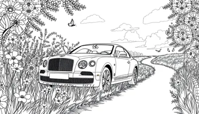 Voiture Bentley dessinée en noir et blanc, entourée de fleurs sauvages, prête à être coloriée.