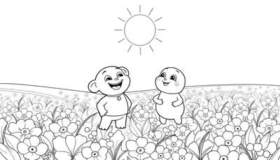 Bing et Flop dans un champ de fleurs, dessin au trait noir et blanc, prêt pour le color panel.