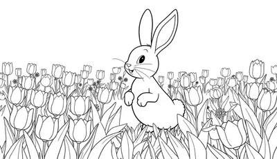 Un dessin au trait d'un lapin se tenant sur ses pattes arrière au milieu d'un champ de tulipes fermées, avec un color panel de possibilités créatives.