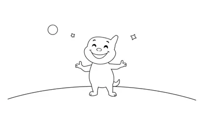 Bing souriant sur une colline avec une lune et des étoiles, style dessin au trait.