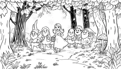 Blanche-Neige et les sept nains se promenant dans une forêt dessinée, style livre de coloriage.