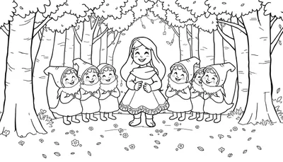 Blanche-Neige et les sept nains dans une forêt, illustration en noir et blanc pour un color panel.