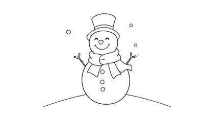 Dessin en noir et blanc d'un bonhomme de neige souriant avec un chapeau haut de forme et une écharpe, entouré de flocons de neige.