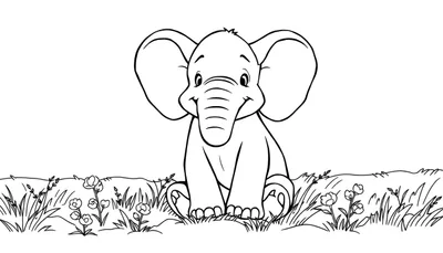 Dessin au trait d'un mignon bébé éléphant dans un champ de fleurs, prêt pour le color panel.