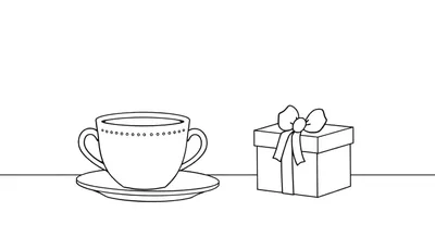 Illustration en noir et blanc d'une tasse à café et d'un cadeau, pour la Fête des Pères.