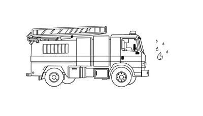 Dessin au trait d'un camion de pompiers prêt à éteindre un feu, avec des éléments à colorier.