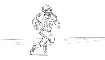 Dessin au trait noir et blanc d'un joueur de football américain courant avec le ballon, portant le numéro 18.