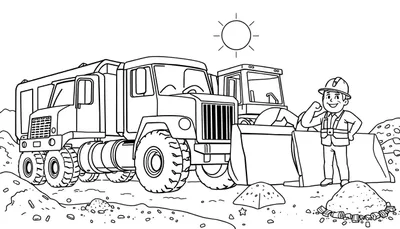 Dessin au trait d'un chantier avec un homme, un camion et un bulldozer, parfait pour un color panel.