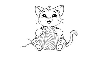 Un chaton cartoon mignon en noir et blanc, assis et jouant avec une pelote de laine, prêt pour une page de coloriage avec des color panels.