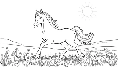 Un dessin au trait d'un cheval galopant dans un pré fleuri, style livre de coloriage.