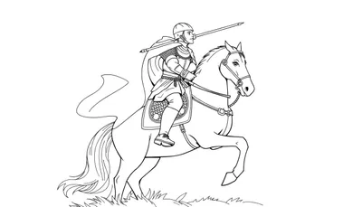 Un chevalier en armure sur un cheval blanc cabré tenant une lance, un color panel.