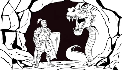 Chevalier face à un dragon dans une grotte, prêt à être colorisé.