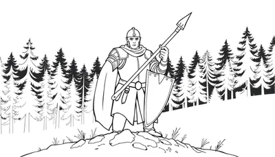 Un chevalier en armure avec une lance et un bouclier dans une forêt.