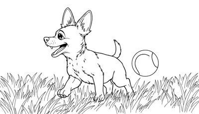 Dessin au trait d'un petit chien joyeux courant dans l'herbe avec une balle de tennis, prêt pour un color panel.