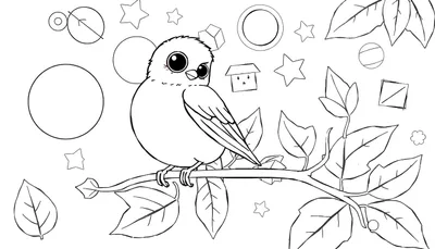 Un dessin au trait d'une chouette mignonne sur une branche avec des formes géométriques et des feuilles, parfait pour un color panel.