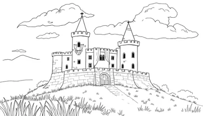 Dessin au trait complexe d'un château sur une colline avec des nuages