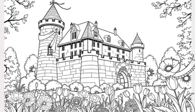 Page à colorier de château médiéval avec des fleurs et des arbres.