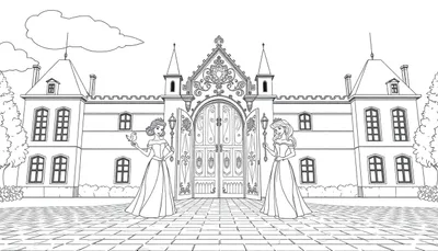 Dessin au trait d'un château avec deux princesses.