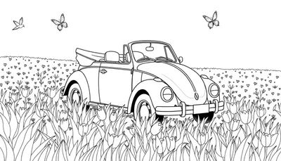 Dessin au trait d'une Coccinelle Volkswagen décapotable dans un champ de tulipes avec des papillons et un oiseau, style livre de coloriage.