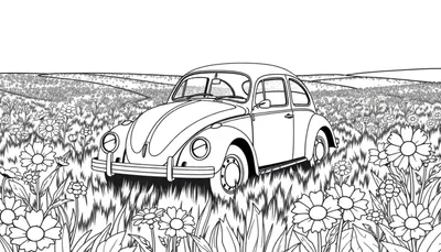 Dessin au trait d'une Coccinelle Volkswagen dans un champ de marguerites, parfait pour un color panel.