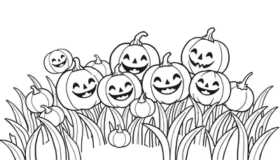 Illustration en noir et blanc d'un color panel avec plusieurs citrouilles d'Halloween souriantes entourées d'herbe.