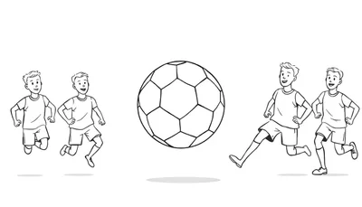 Dessin au trait de quatre garçons jouant au football dans un color panel.