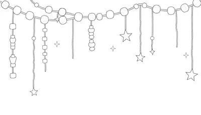 Une guirlande en noir et blanc avec des perles, des chaînes de perles et des étoiles. Le tout dessiné au trait.
