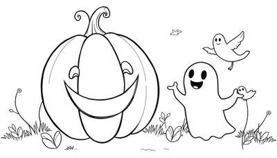 Illustration en noir et blanc d'Halloween avec une citrouille souriante, un grand fantôme tenant un petit fantôme comme un ballon, et un fantôme-oiseau dans un color panel.