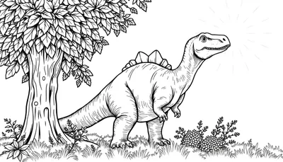 Un dinosaure au trait avec des plaques sur le dos dans un paysage vert, idéal pour un color panel.
