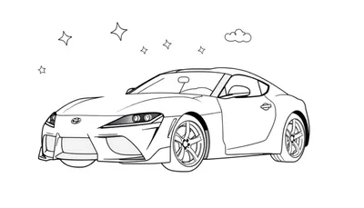 Une voiture de sport de style coloriage, une Toyota Supra, avec des étoiles et un nuage. Ceci est un color panel.