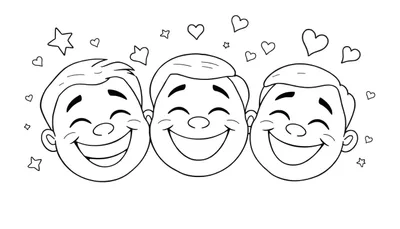 Un color panel de trois visages joyeux avec des étoiles et des cœurs.