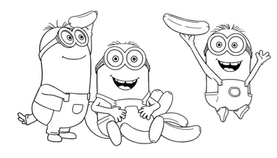 Trois Minions en noir et blanc avec des bananes, un color panel.
