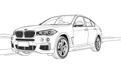 Dessin au trait d'une BMW X6, un SUV coupé de luxe, prête à être colorisée. Le dessin présente la calandre distinctive, les phares angulaires, la ligne de toit inclinée et les détails des jantes.