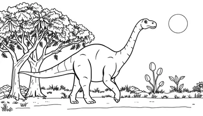 Un dessin au trait d'un diplodocus dans un paysage préhistorique coloré.